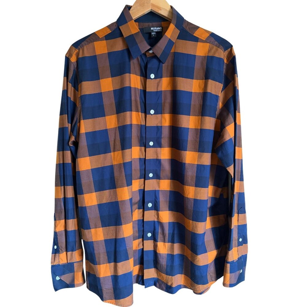 Murano Liquid Luxury Plaid Button Up Collared Long Sleeve Shirt Size Large Cotto
